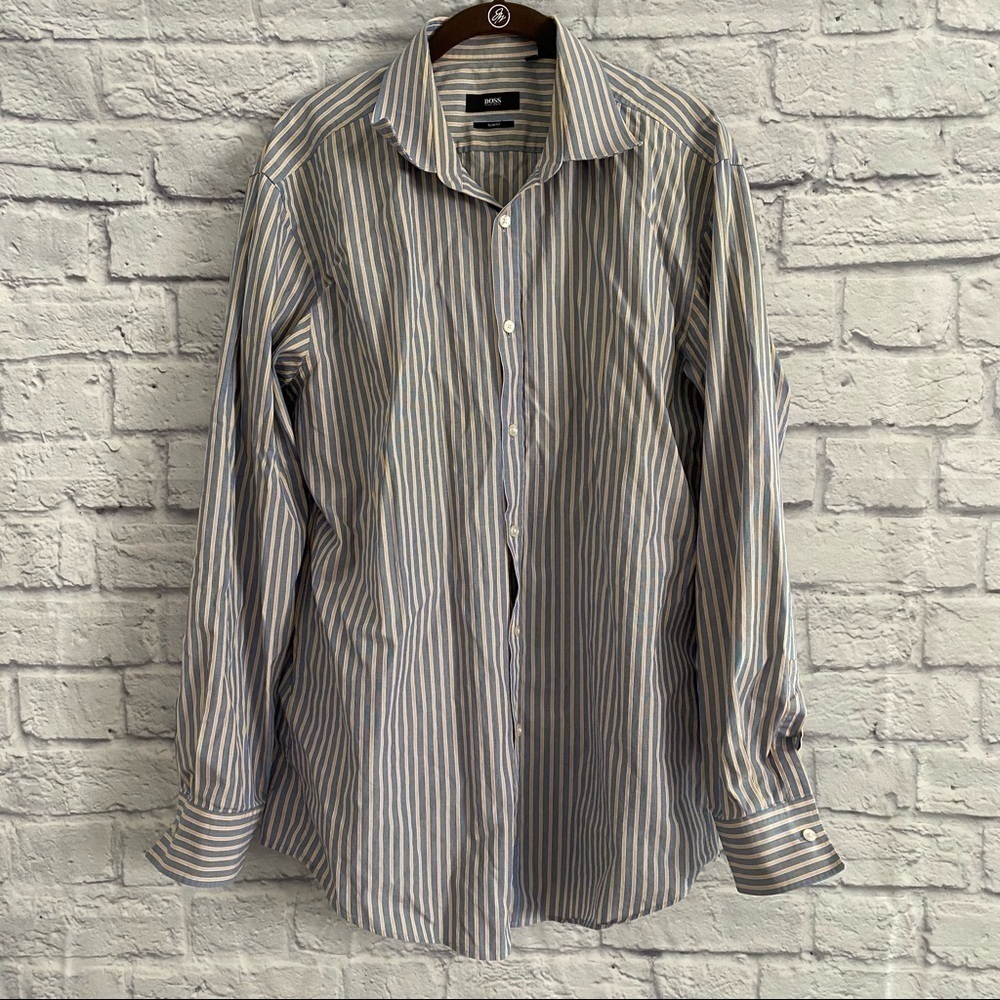 Boss Hugo Boss Slim Fit Blue Yellow Striped Button Front Shirt Size 17 34/35